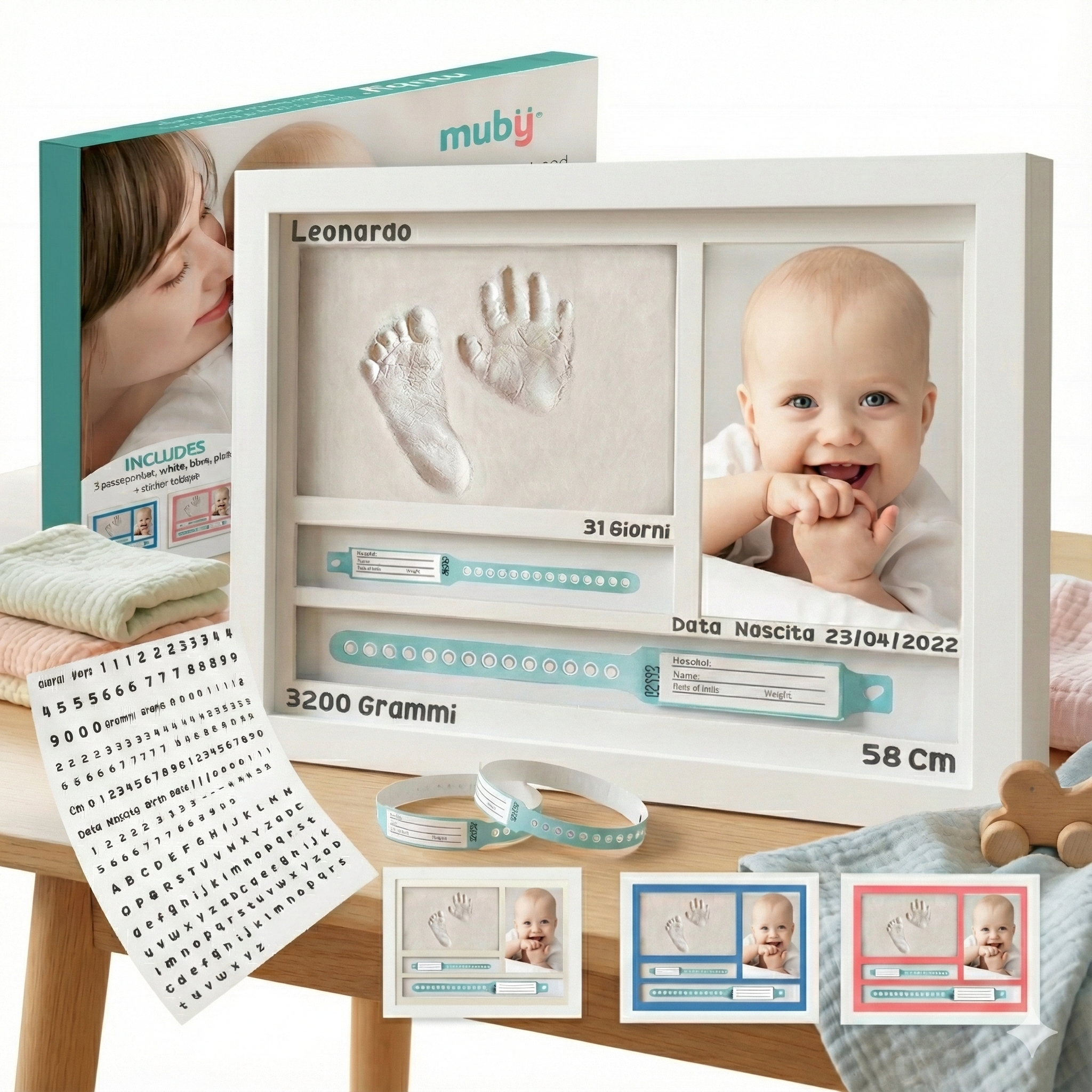 Cornice con Impronte Neonato e PORTA BRACCIALI DI NASCITA Idea regalo Nascita e Battesimo