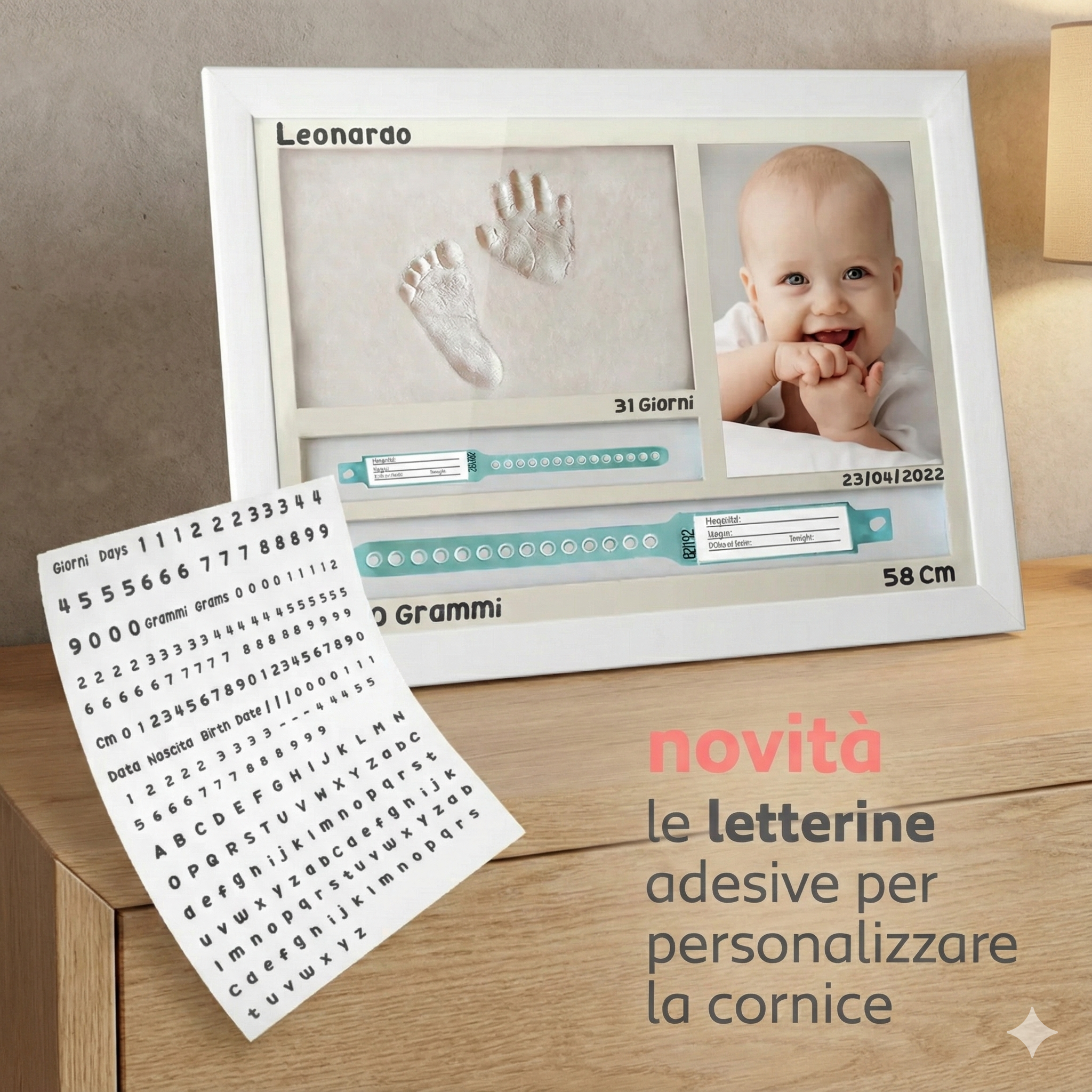 Cornice con Impronte Neonato e PORTA BRACCIALI DI NASCITA Idea regalo Nascita e Battesimo