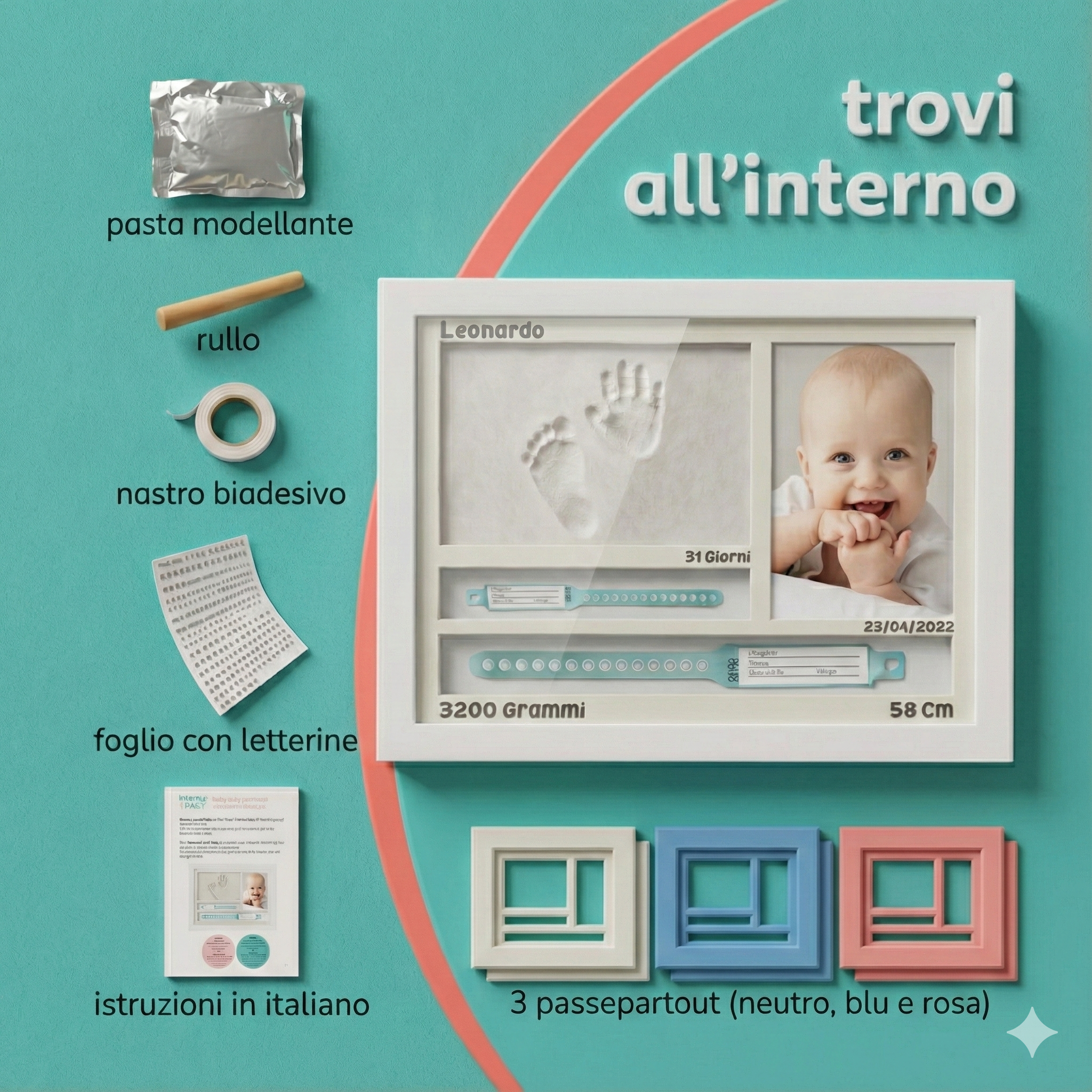 Cornice con Impronte Neonato e PORTA BRACCIALI DI NASCITA Idea regalo Nascita e Battesimo