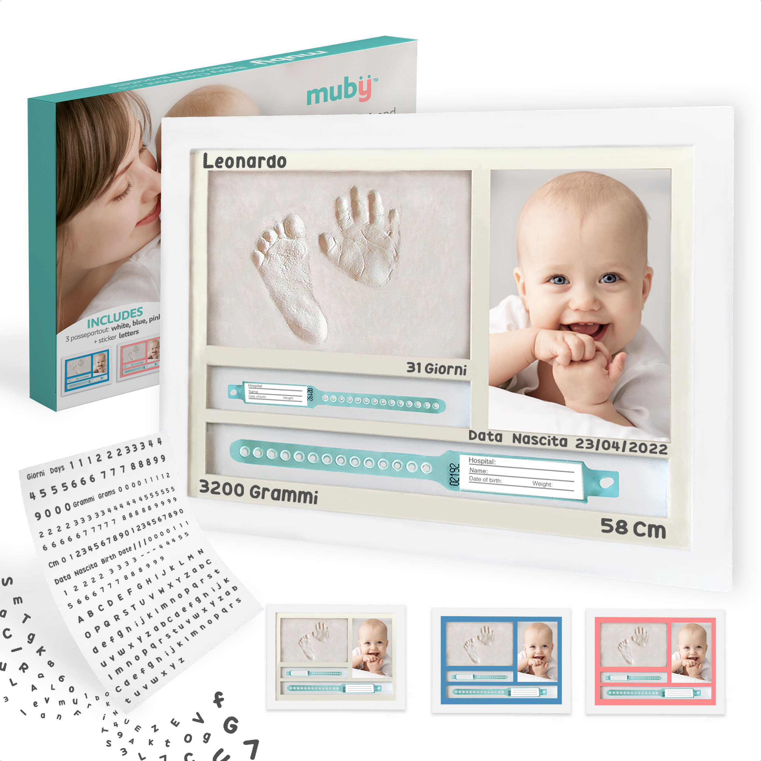 Cornice con Impronte Neonato e PORTA BRACCIALI DI NASCITA Idea regalo Nascita e Battesimo