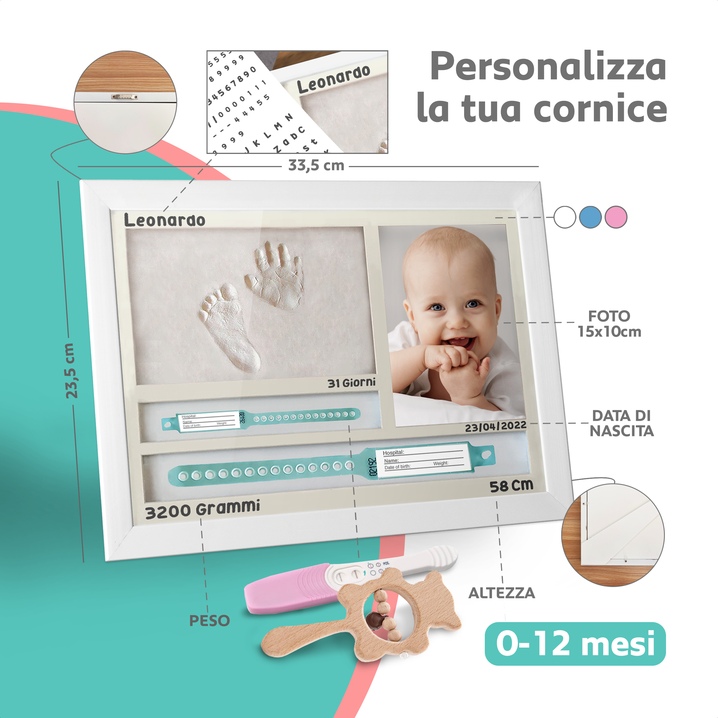 Cornice con Impronte Neonato e PORTA BRACCIALI DI NASCITA Idea regalo Nascita e Battesimo