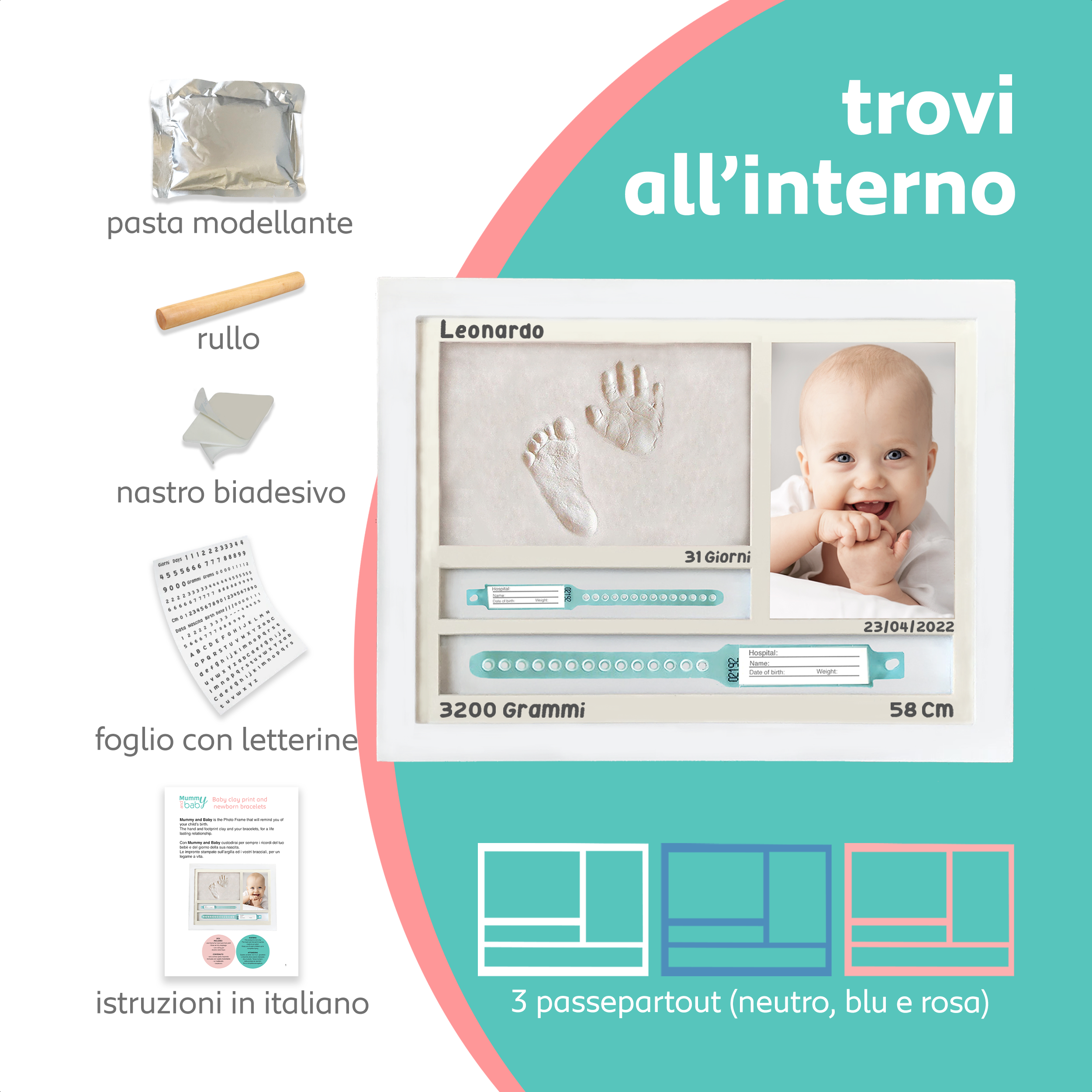 Cornice con Impronte Neonato e PORTA BRACCIALI DI NASCITA Idea regalo Nascita e Battesimo