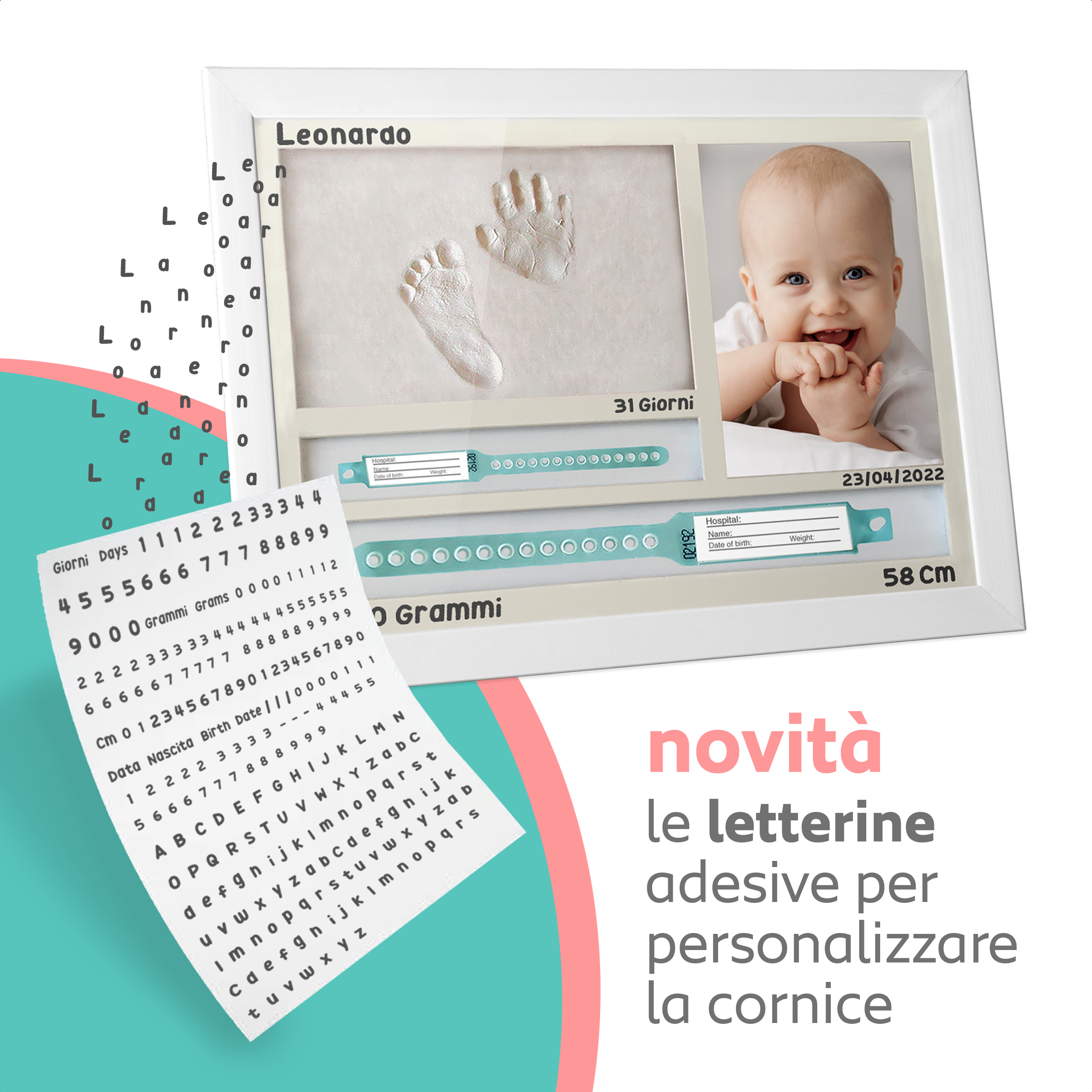 Cornice con Impronte Neonato e PORTA BRACCIALI DI NASCITA Idea regalo Nascita e Battesimo